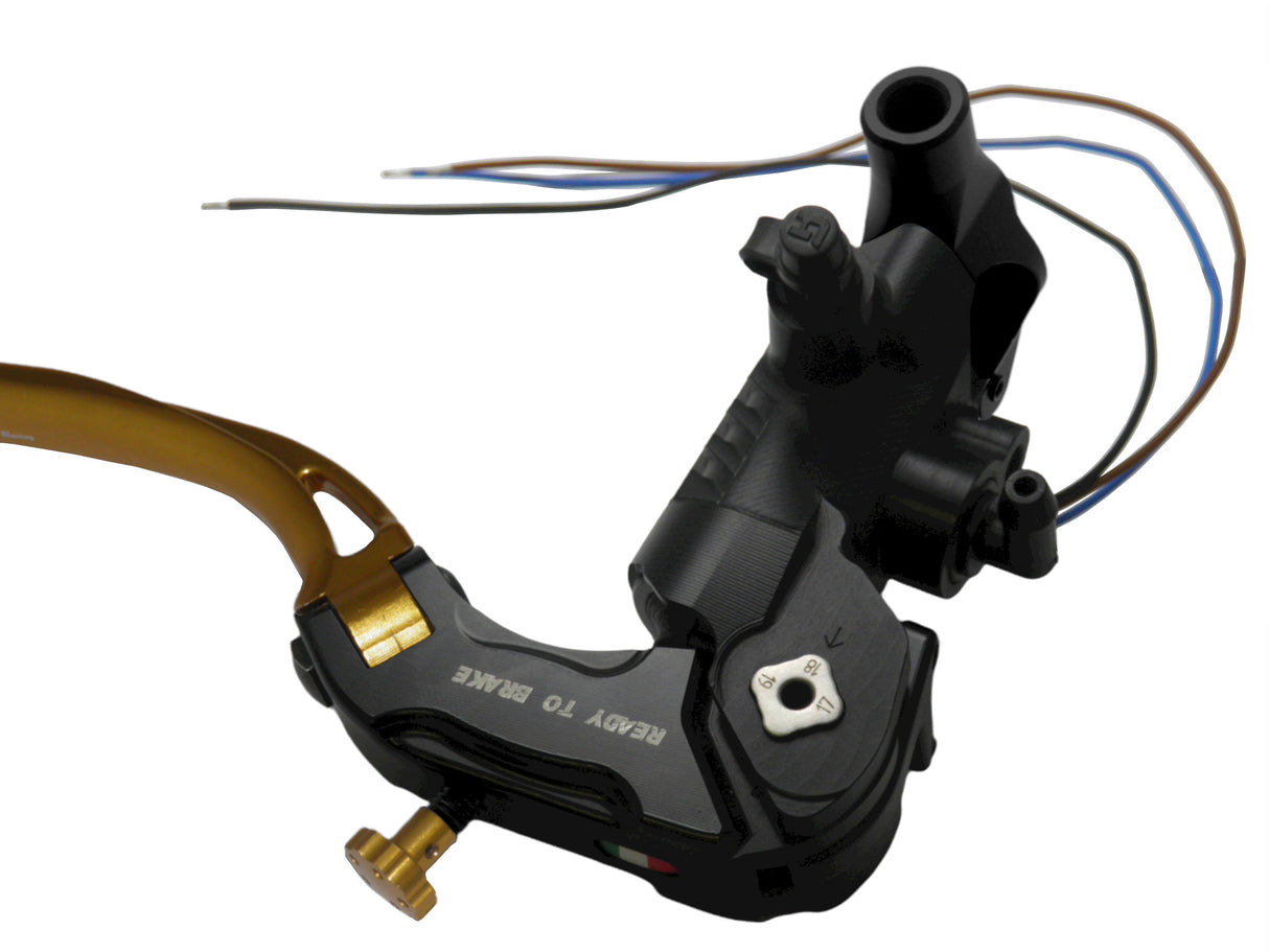 Pompa Freno Ready To Brake Accossato PRS 14x17-18-19 Con Leva Snodata Colorata (Pomello+Leva) - Supporto specchio: M8, Vaschetta in Alluminio Integrata: - N/A