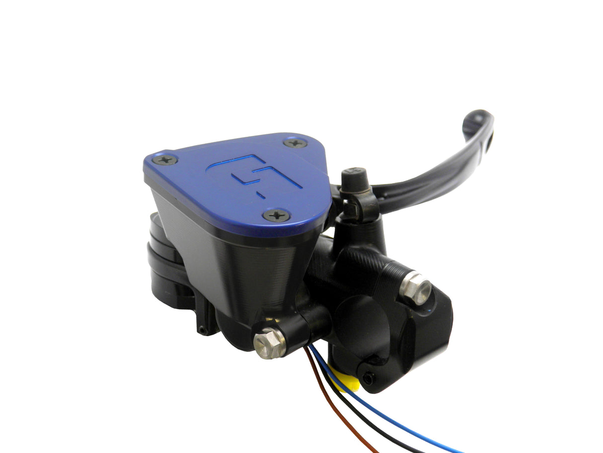 Pompa Freno Ready To Brake Accossato 15x18 Con Leva Snodata Colorata (Pomello+Leva) - Supporto specchio: M8, Vaschetta in Alluminio Integrata: Blu