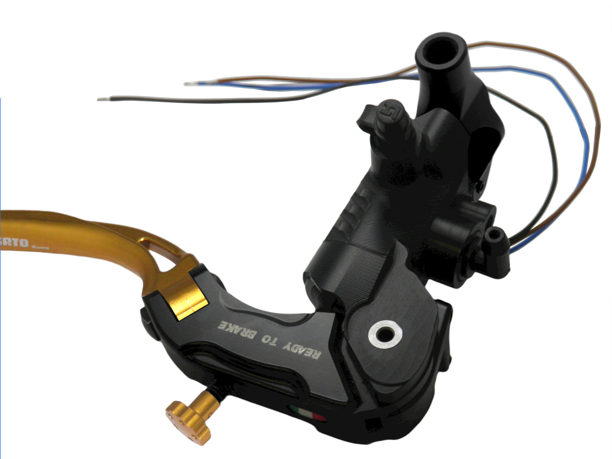 Pompa Freno Ready To Brake Accossato 15x20 Con Leva Snodata Colorata (Pomello+Leva) - Supporto specchio: M8, Vaschetta in Alluminio Integrata: - N/A