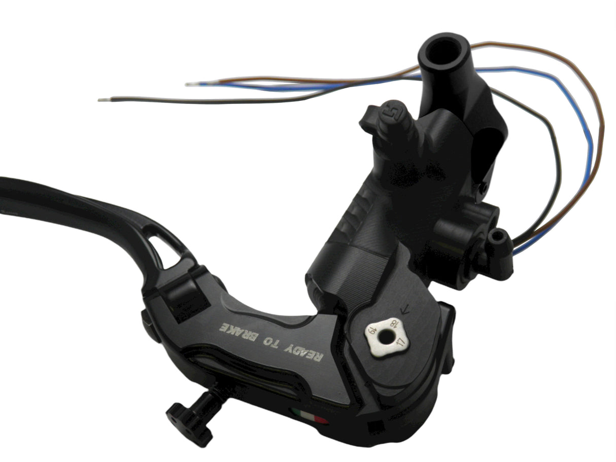 Pompa Freno Ready To Brake Accossato PRS 15x17-18-19 Con Leva Snodata Colorata (Pomello+Leva) - Supporto specchio: M8, Vaschetta in Alluminio Integrata: - N/A