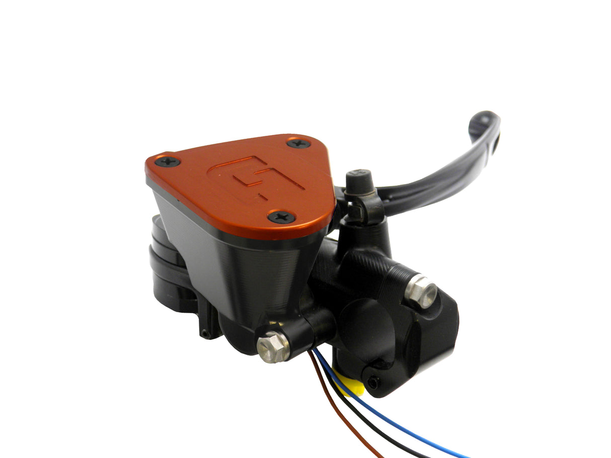 Pompa Freno Ready To Brake Accossato PRS 15x17-18-19 Con Leva Snodata Colorata (Pomello+Leva) - Supporto specchio: M10, Vaschetta in Alluminio Integrata: Arancione