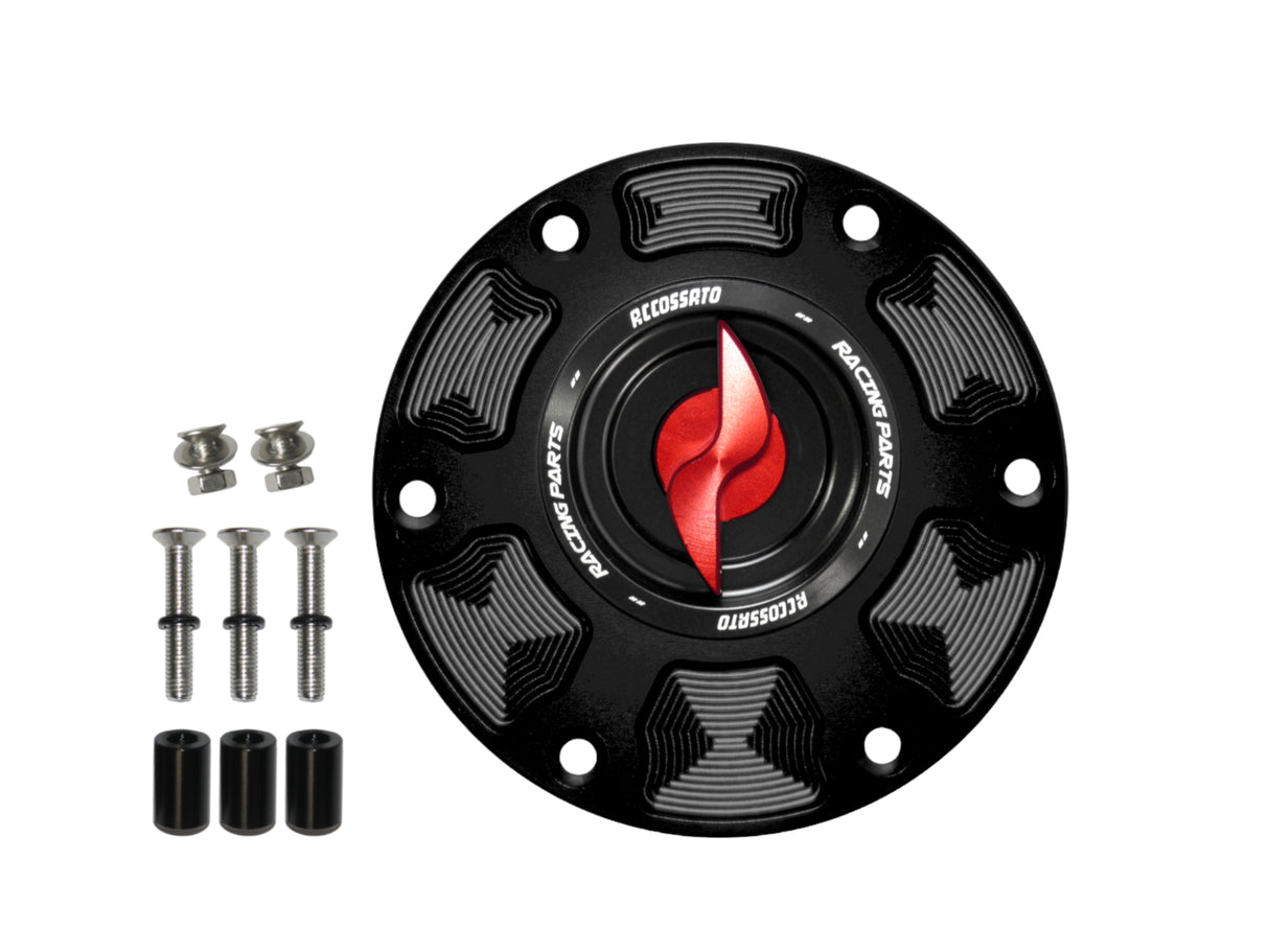 Tappo serbatoio per moto Aprilia con sgancio rapido ricavato dal pieno in alluminio, marca Accossato codice FC101