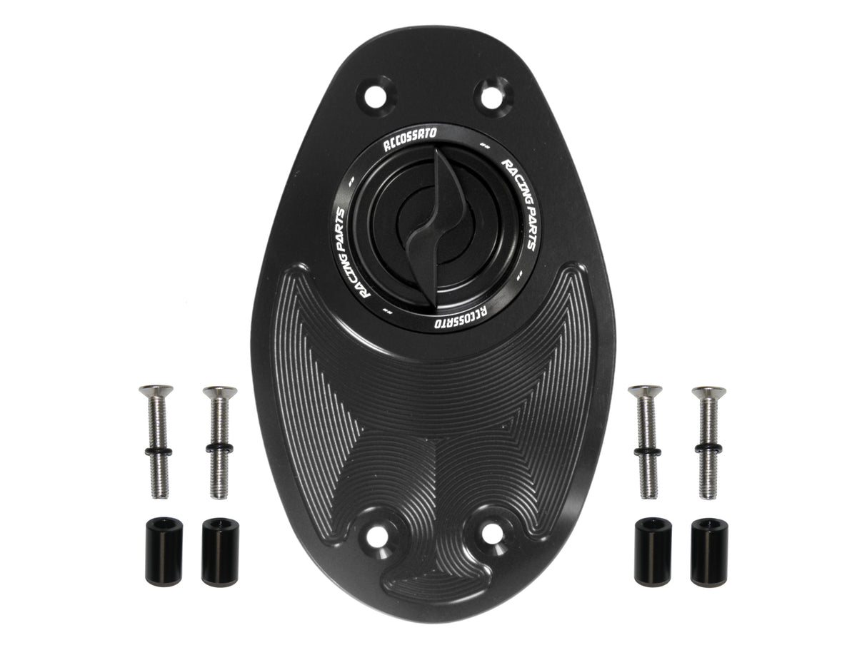 Tappo serbatoio per moto Ducati con sgancio rapido ricavato dal pieno in alluminio, marca Accossato codice FC106