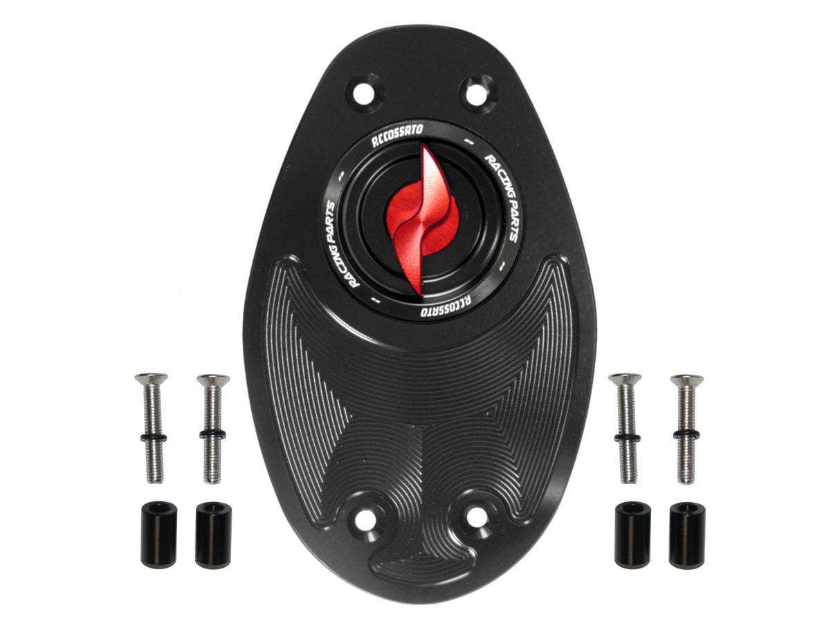 Tappo serbatoio per moto Ducati con sgancio rapido ricavato dal pieno in alluminio, marca Accossato codice FC106
