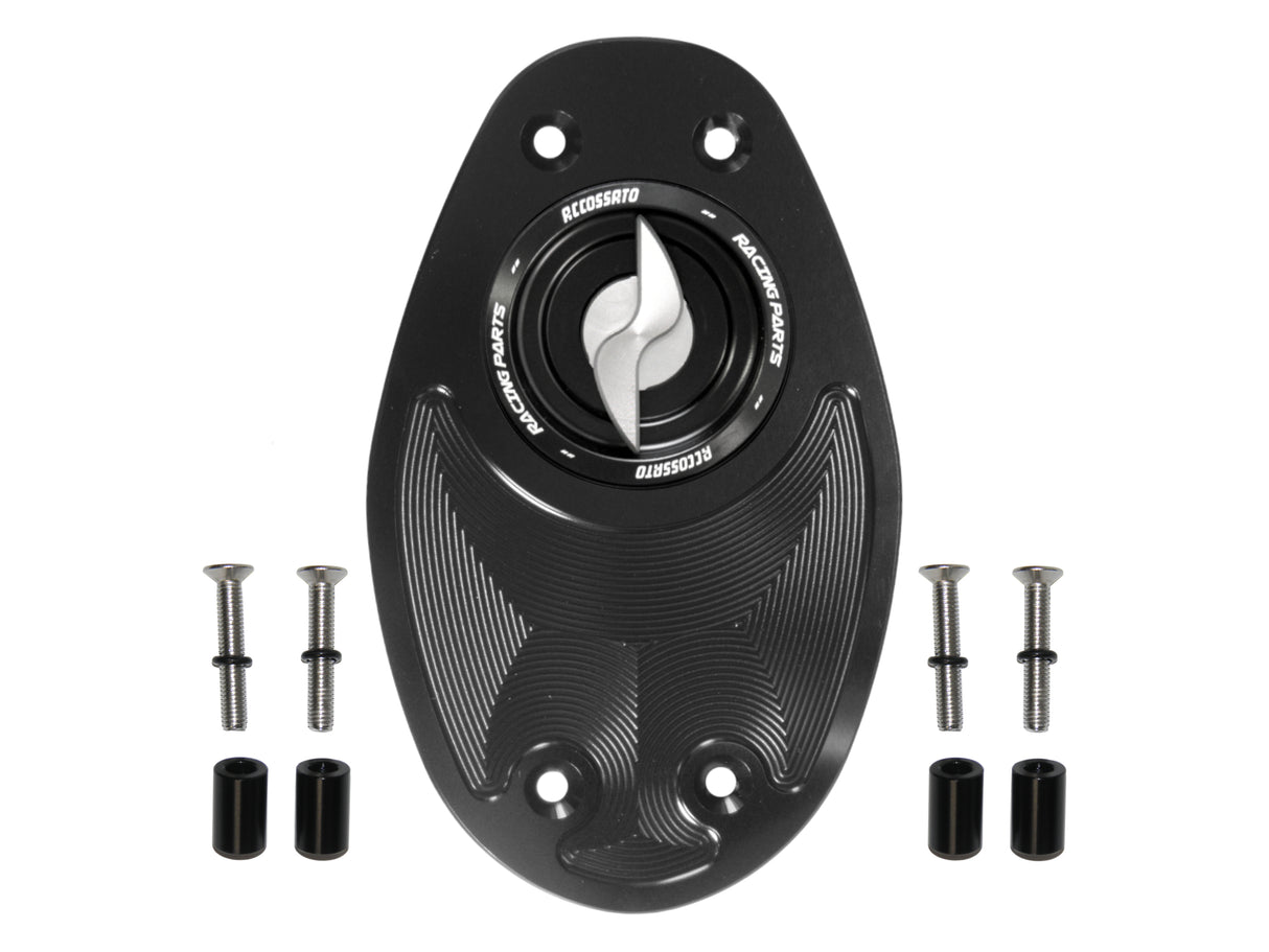 Tappo serbatoio per moto Ducati con sgancio rapido ricavato dal pieno in alluminio, marca Accossato codice FC106