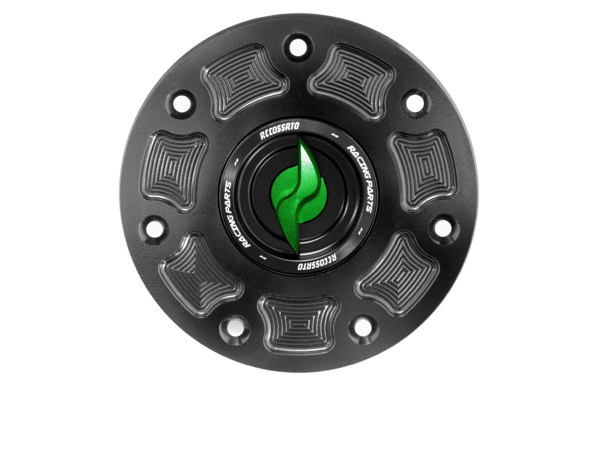 Tappo serbatoio per moto Kawasaki con sgancio rapido ricavato dal pieno in alluminio, marca Accossato codice FC111