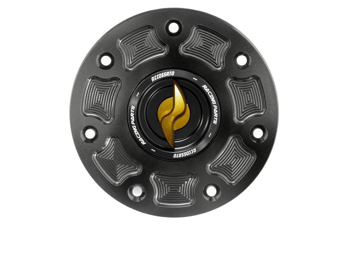 Tappo serbatoio per moto Kawasaki con sgancio rapido ricavato dal pieno in alluminio, marca Accossato codice FC111