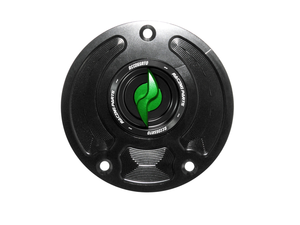Tappo serbatoio per moto Kawasaki con sgancio rapido ricavato dal pieno in alluminio, marca Accossato codice FC113