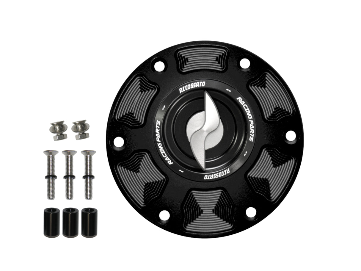 Tappo serbatoio per moto KTM con sgancio rapido ricavato dal pieno in alluminio, marca Accossato codice FC114