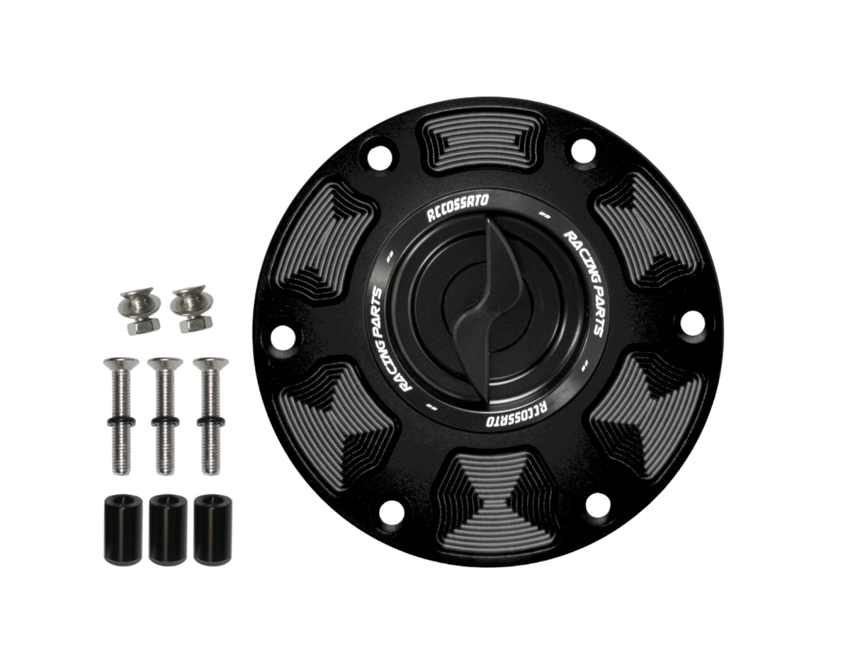 Tappo serbatoio per moto MV Agusta con sgancio rapido ricavato dal pieno in alluminio, marca Accossato codice FC120