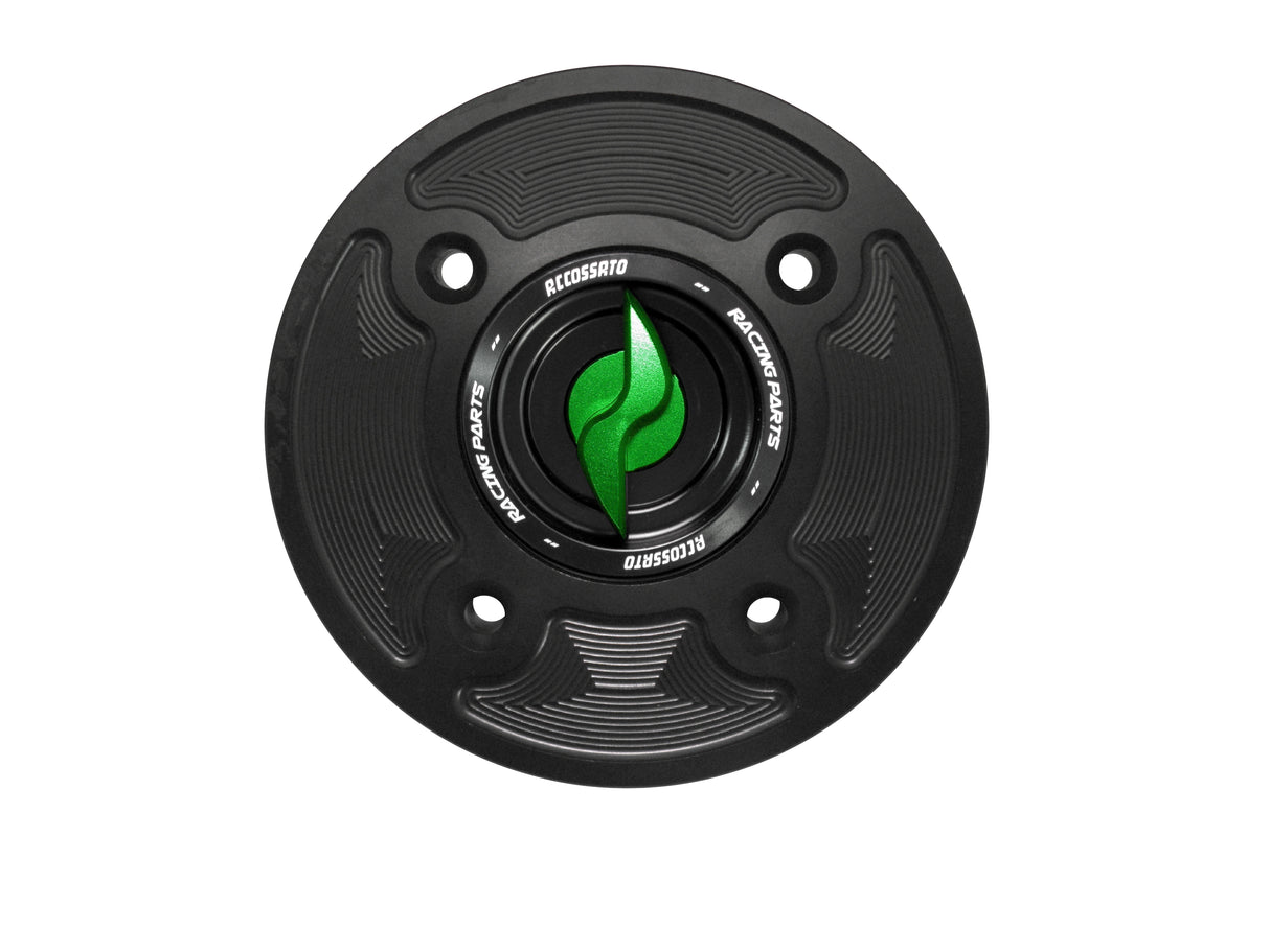 Tappo serbatoio per moto Kawasaki con sgancio rapido ricavato dal pieno in alluminio, marca Accossato codice FC126