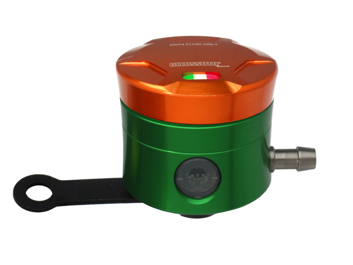 Serbatoio Olio Freno In Alluminio Ricavato CNC Accossato, 25 cm3 Con Uscita Olio Orizzontale, Fornito Con Staffa Dritta