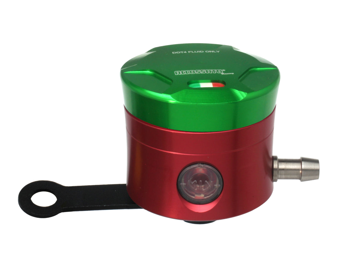 Serbatoio Olio Freno In Alluminio Ricavato CNC Accossato, 25 cm3 Con Uscita Olio Orizzontale, Fornito Con Staffa Dritta