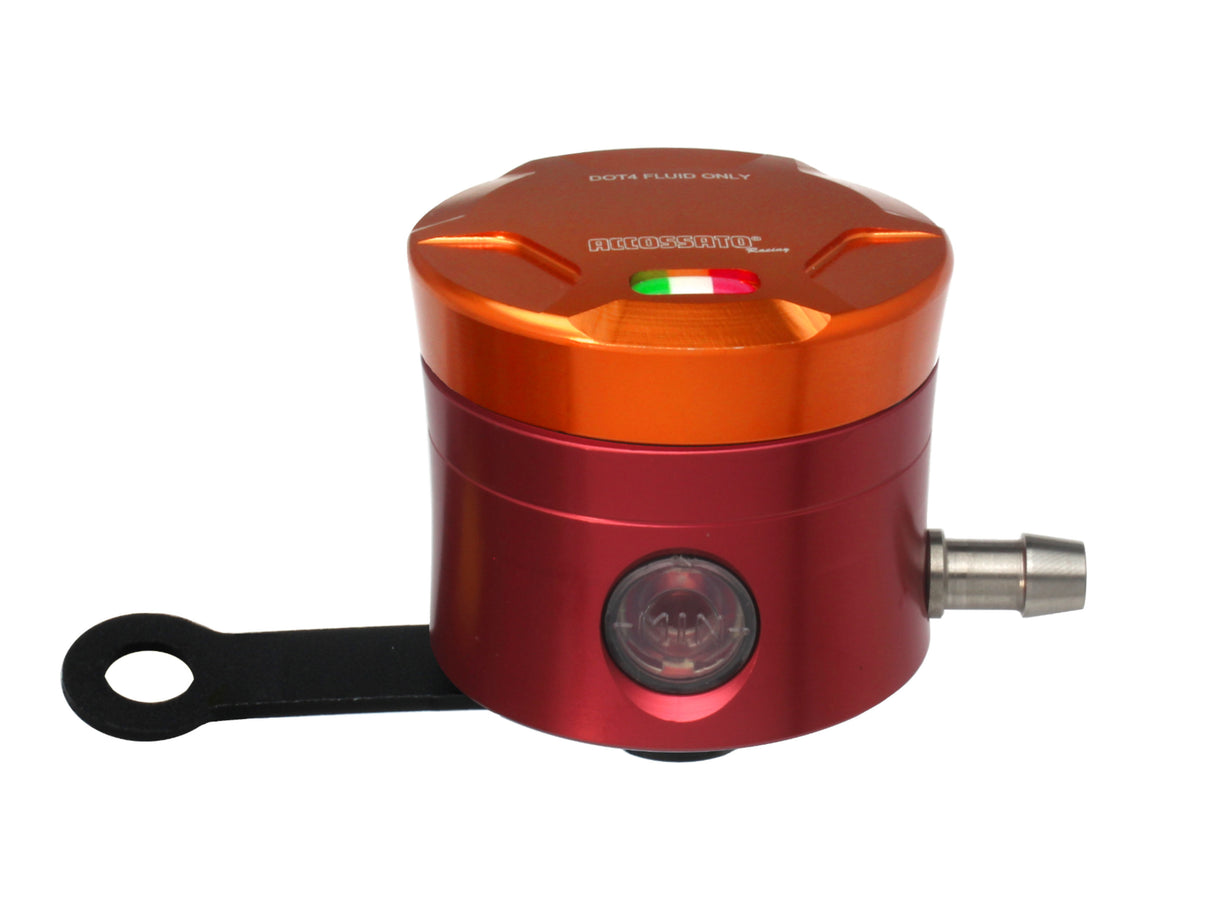 Serbatoio Olio Freno In Alluminio Ricavato CNC Accossato, 25 cm3 Con Uscita Olio Orizzontale, Fornito Con Staffa Dritta