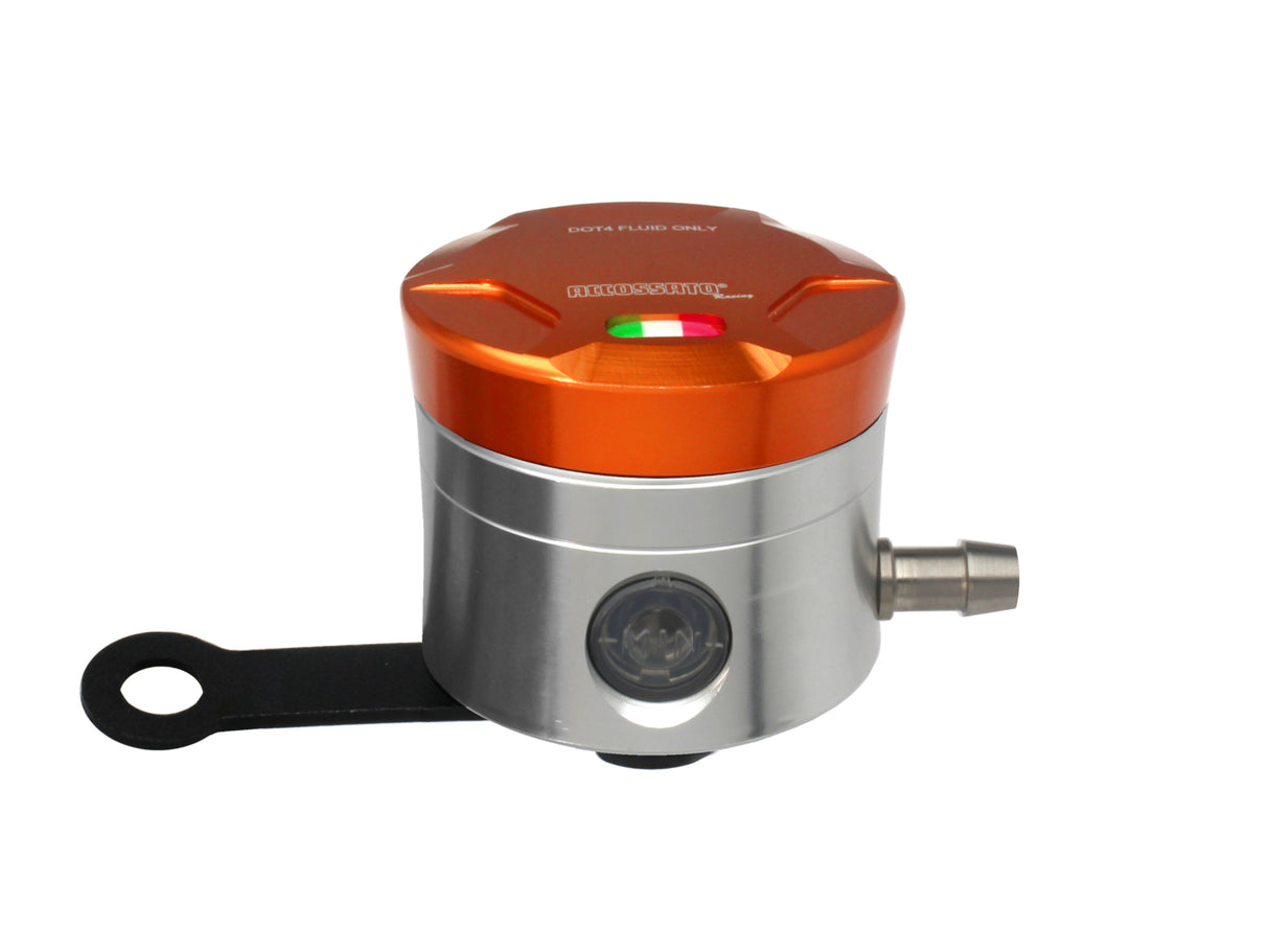 Serbatoio Olio Freno In Alluminio Ricavato CNC Accossato, 25 cm3 Con Uscita Olio Orizzontale, Fornito Con Staffa Dritta