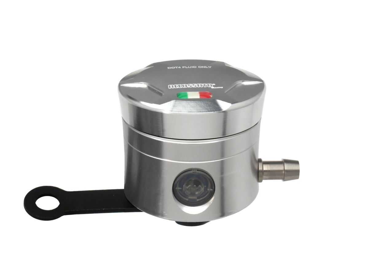 Serbatoio Olio Freno In Alluminio Ricavato CNC Accossato, 25 cm3 Con Uscita Olio Orizzontale, Fornito Con Staffa Dritta