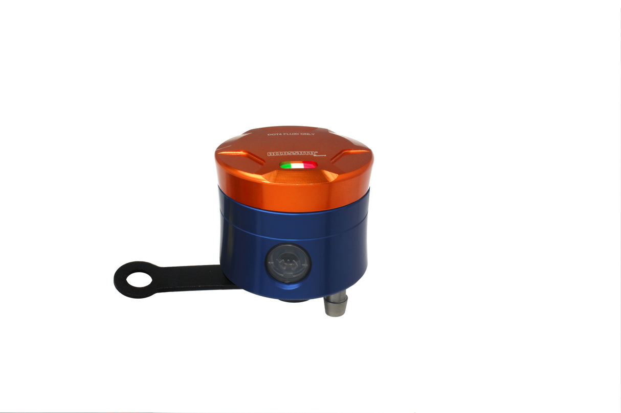 Serbatoio Olio Freno In Alluminio Ricavato CNC Accossato, 25 cm3 Con Uscita Olio Verticale, Fornito Con Staffa Dritta