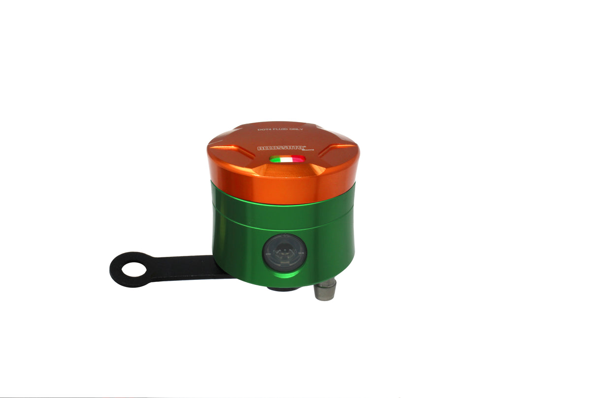 Serbatoio Olio Freno In Alluminio Ricavato CNC Accossato, 25 cm3 Con Uscita Olio Verticale, Fornito Con Staffa Dritta