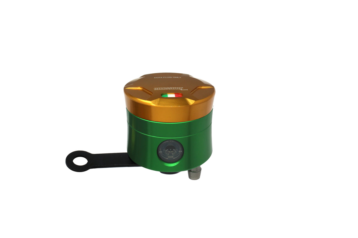 Serbatoio Olio Freno In Alluminio Ricavato CNC Accossato, 25 cm3 Con Uscita Olio Verticale, Fornito Con Staffa Dritta