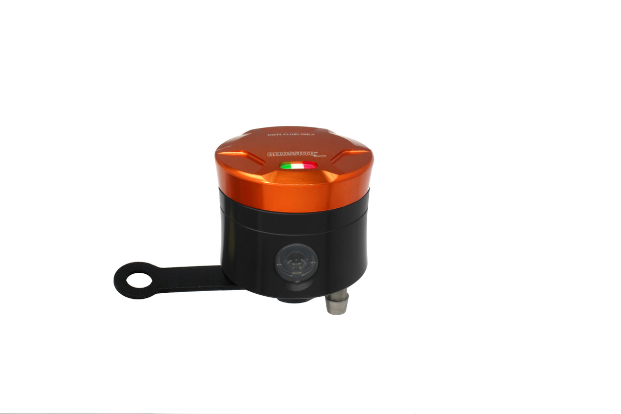 Serbatoio Olio Freno In Alluminio Ricavato CNC Accossato, 25 cm3 Con Uscita Olio Verticale, Fornito Con Staffa Dritta