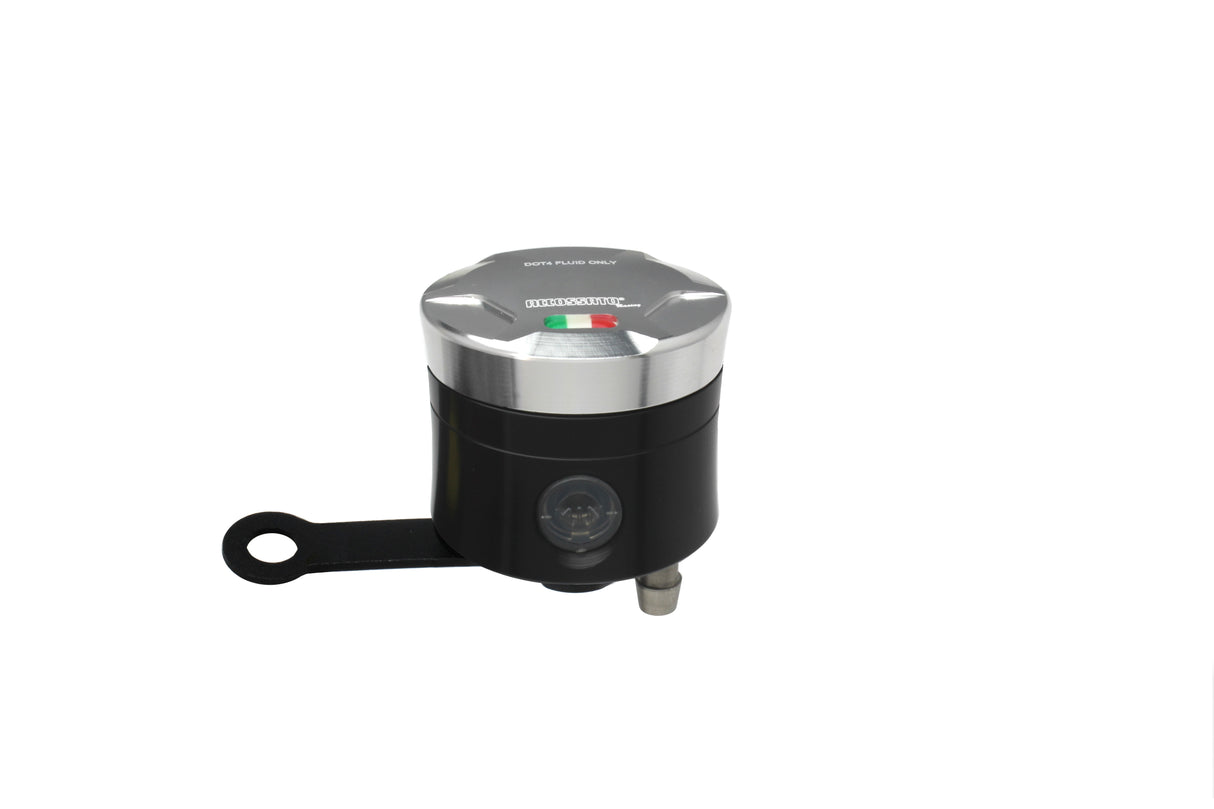 Serbatoio Olio Freno In Alluminio Ricavato CNC Accossato, 25 cm3 Con Uscita Olio Verticale, Fornito Con Staffa Dritta