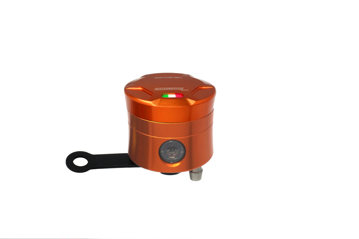 Serbatoio Olio Freno In Alluminio Ricavato CNC Accossato, 25 cm3 Con Uscita Olio Verticale, Fornito Con Staffa Dritta