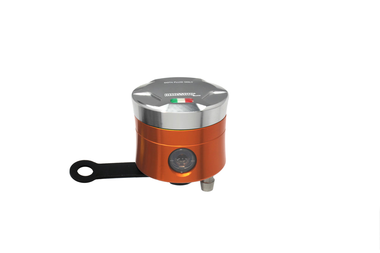 Serbatoio Olio Freno In Alluminio Ricavato CNC Accossato, 25 cm3 Con Uscita Olio Verticale, Fornito Con Staffa Dritta