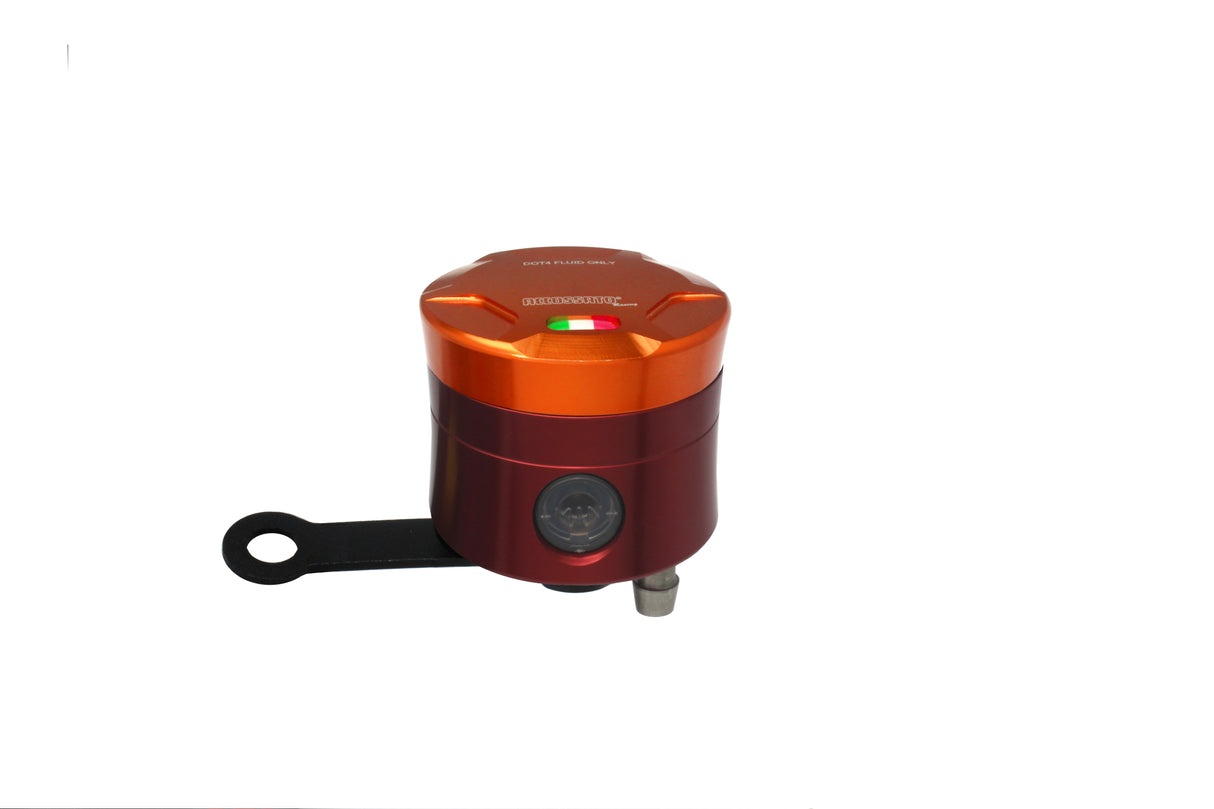 Serbatoio Olio Freno In Alluminio Ricavato CNC Accossato, 25 cm3 Con Uscita Olio Verticale, Fornito Con Staffa Dritta