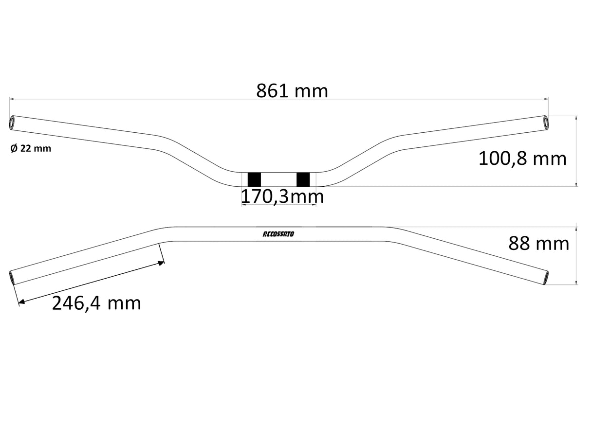 Manubrio Accossato Omologato ABE 101195 In Alluminio Ø22 mm - Piega Media e Piega Bassa per Moto Adventure, Scrambler, Hypermotard e Naked