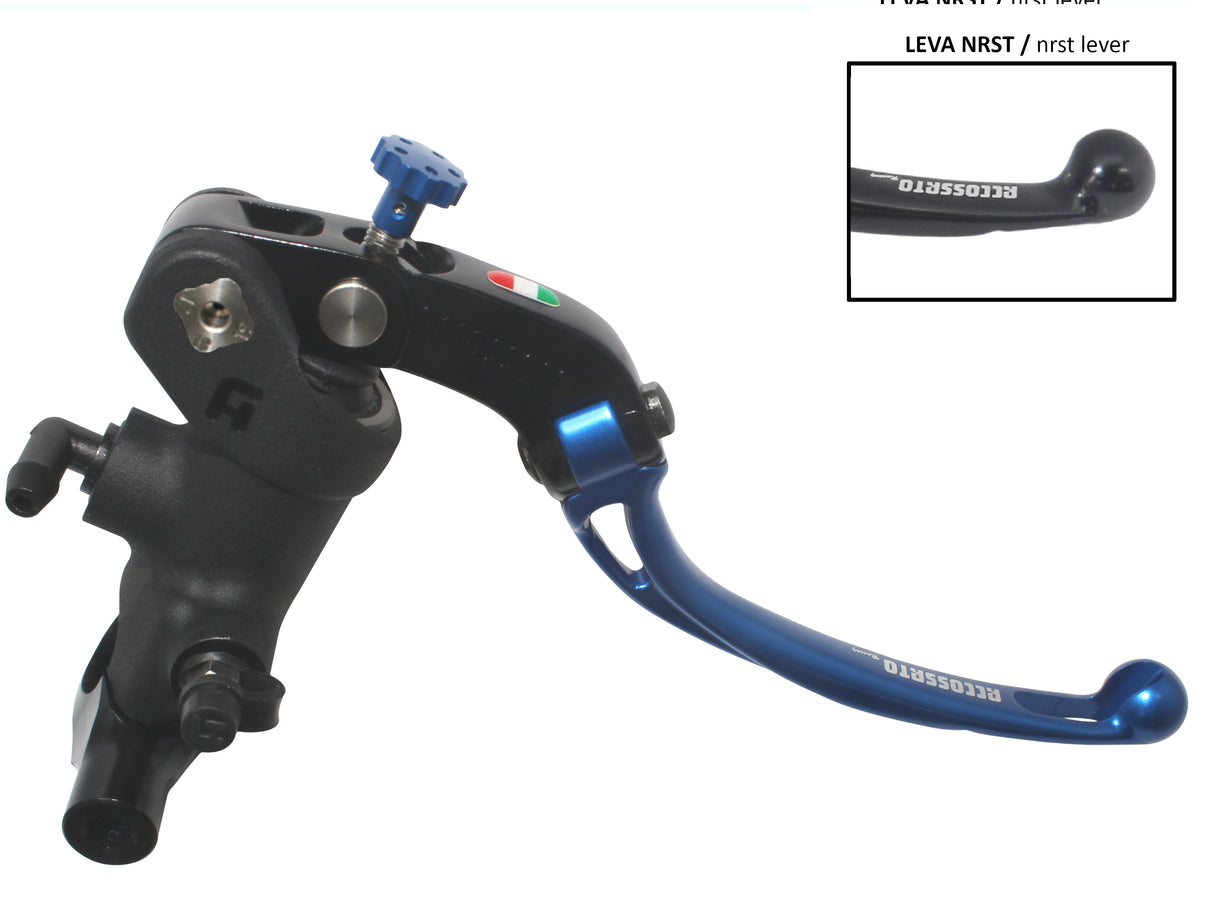 Pompa Freno Radiale Accossato PRS 19x17-18-19 Con Corpo Pompa Anodizzato Nero E Leva Snodata Colorata, Per Manubri Diametro 25,4 mm