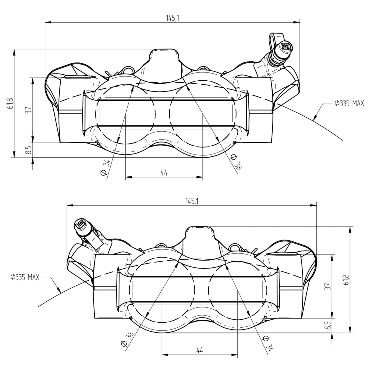 Pinza Freno Radiale Accossato Forgiata Monoblocco Interasse 100 mm Con Pistoni in Alluminio