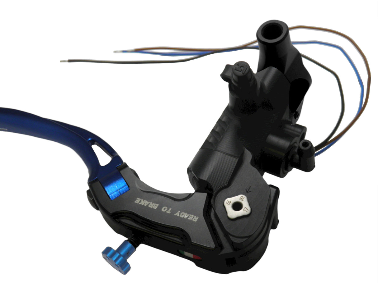Pompa Freno Ready To Brake Accossato PRS 16x17-18-19 Con Leva Snodata Colorata (Pomello+Leva) - Opzioni leva: RST, Supporto specchio: M8, Vaschetta in Alluminio Integrata: - N/A
