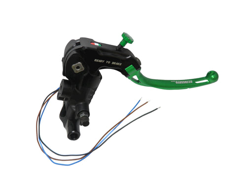 Pompa Freno Ready To Brake Accossato PRS 17x17-18-19 Con Leva Snodata Colorata (Pomello+Leva) - Opzioni leva: RST, Supporto specchio: M8, Vaschetta in Alluminio Integrata: - N/A