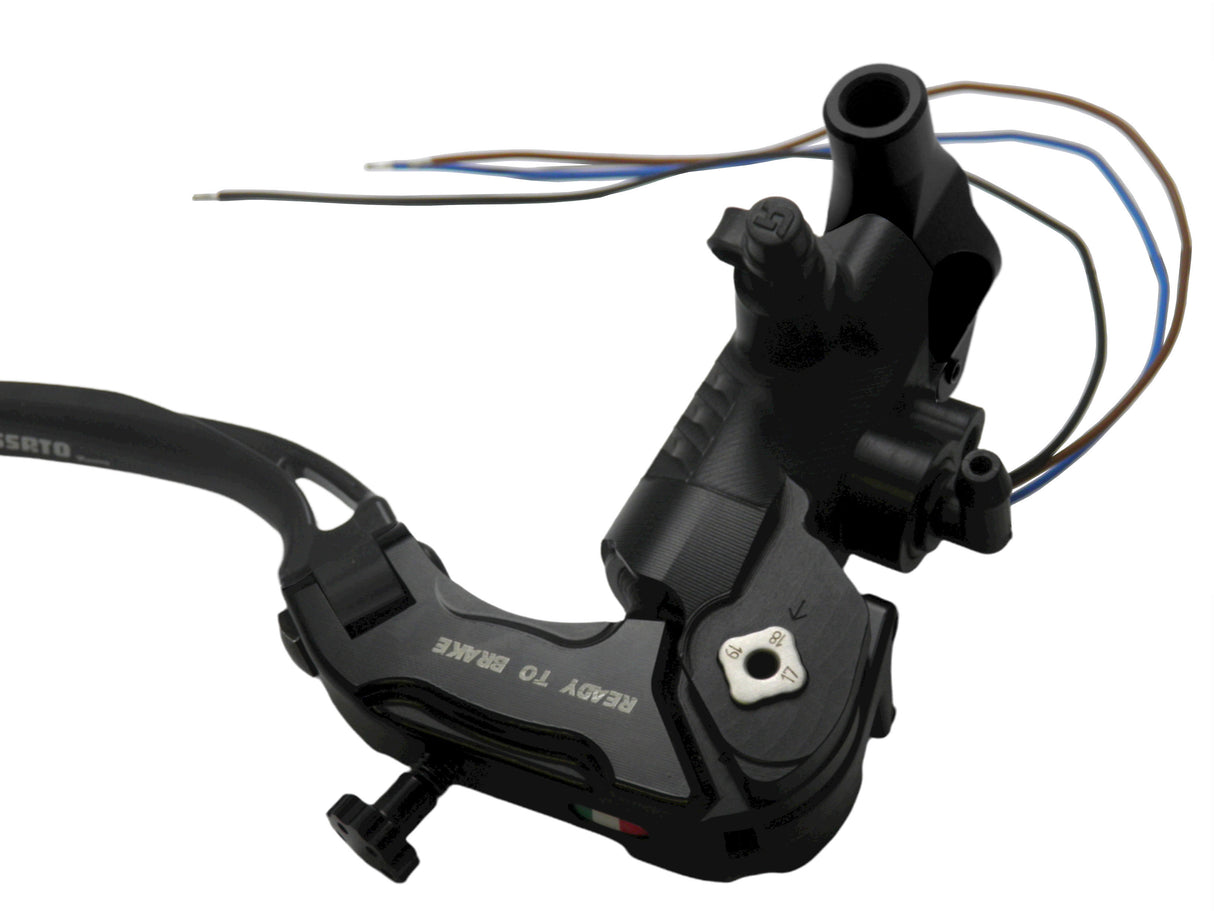 Pompa Freno Ready To Brake Accossato PRS 17x17-18-19 Con Leva Snodata Colorata (Pomello+Leva) - Opzioni leva: RST, Supporto specchio: M8, Vaschetta in Alluminio Integrata: - N/A