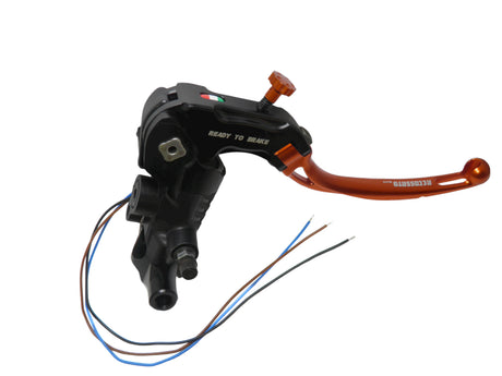 Pompa Freno Ready To Brake Accossato PRS 17x17-18-19 Con Leva Snodata Colorata (Pomello+Leva) - Opzioni leva: RST, Supporto specchio: M8, Vaschetta in Alluminio Integrata: - N/A
