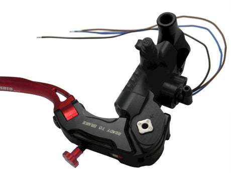Pompa Freno Ready To Brake Accossato PRS 17x17-18-19 Con Leva Snodata Colorata (Pomello+Leva) - Opzioni leva: RST, Supporto specchio: M8, Vaschetta in Alluminio Integrata: - N/A