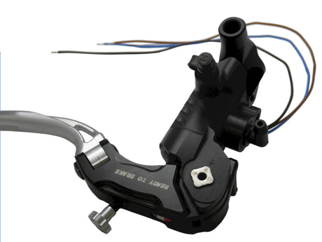 Pompa Freno Ready To Brake Accossato PRS 15x17-18-19 Con Leva Snodata Colorata (Pomello+Leva) - Opzioni leva: RST, Supporto specchio: M10, Vaschetta in Alluminio Integrata: - N/A