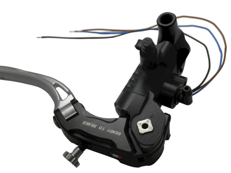 Pompa Freno Ready To Brake Accossato PRS 15x17-18-19 Con Leva Snodata Colorata (Pomello+Leva) - Opzioni leva: RST, Supporto specchio: M8, Vaschetta in Alluminio Integrata: - N/A