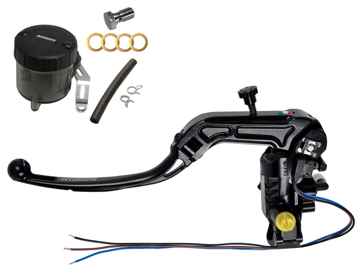 Pompa Freno Accossato Omologata ABE 61454 PRS 19x17-18-19 Con Leva Snodata e Kit Vaschetta Olio Inclusa Per Manubri da 1 pollice - Opzioni leva: RST