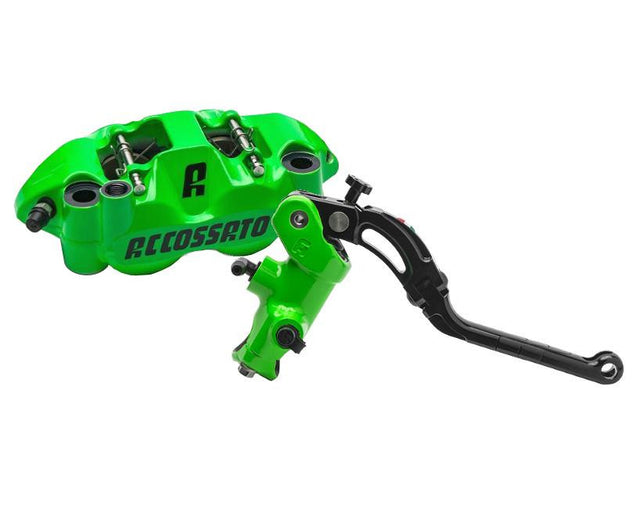 Kit Accossato: Pompa Freno Verniciata 16x16 (CY044) + Coppia di Pinze Freno Verniciate interasse 108 con Pastiglie ST (PZ004) - Colore corpo: Verde verniciato