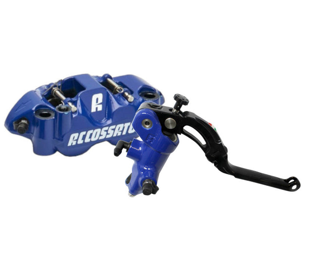Kit Accossato: Pompa Freno Verniciata 16x18 (CY045) + Coppia di Pinze Freno Verniciate interasse 108 con Pastiglie ST (PZ004) - Colore corpo: Blu verniciato