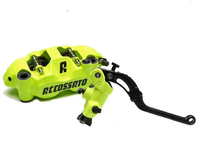 Kit Accossato: Pompa Freno Verniciata 16x18 (CY045) + Coppia di Pinze Freno Verniciate interasse 108 con Pastiglie ST (PZ004) - Colore corpo: Giallo fluo verniciato